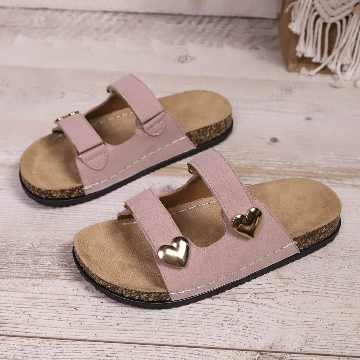 36-42 Size Summer 2025 New Fashion Double Buckle External Wear Versatile Simple Birkenstocks Metal Love Buckle Women's Slippers - AIAZ
