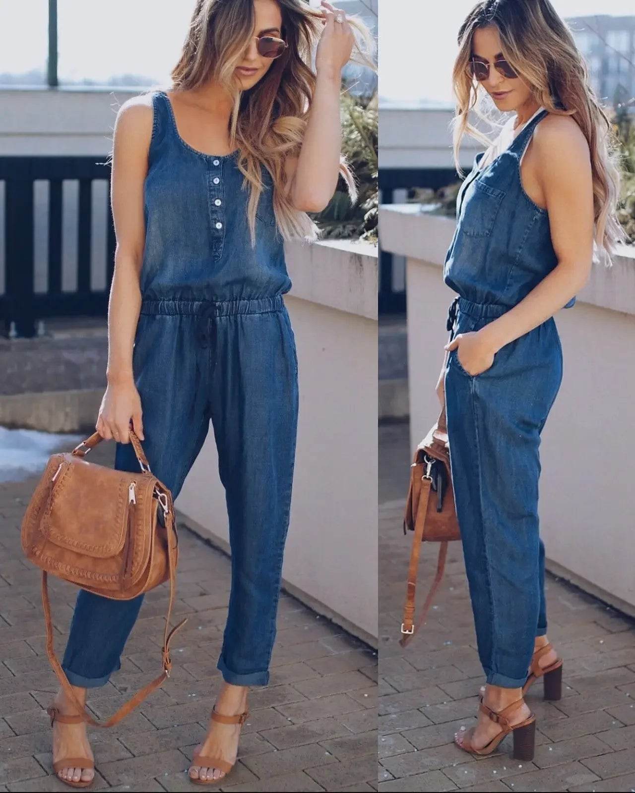 Summer Fashion Jumpsuit for Women Romper Overalls Single-breasted Casual Denim Trousers Sleeveless Ankle Pants Loose Jumpsuits - AIAZ