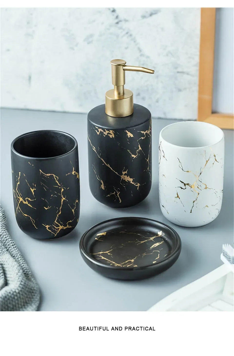 Marble Soap Dispenser Pump Bottle Ceramic Bathroom Accessory Set  Home Couple Mouthwash Cup Soap Dish Washing Tools Luxury