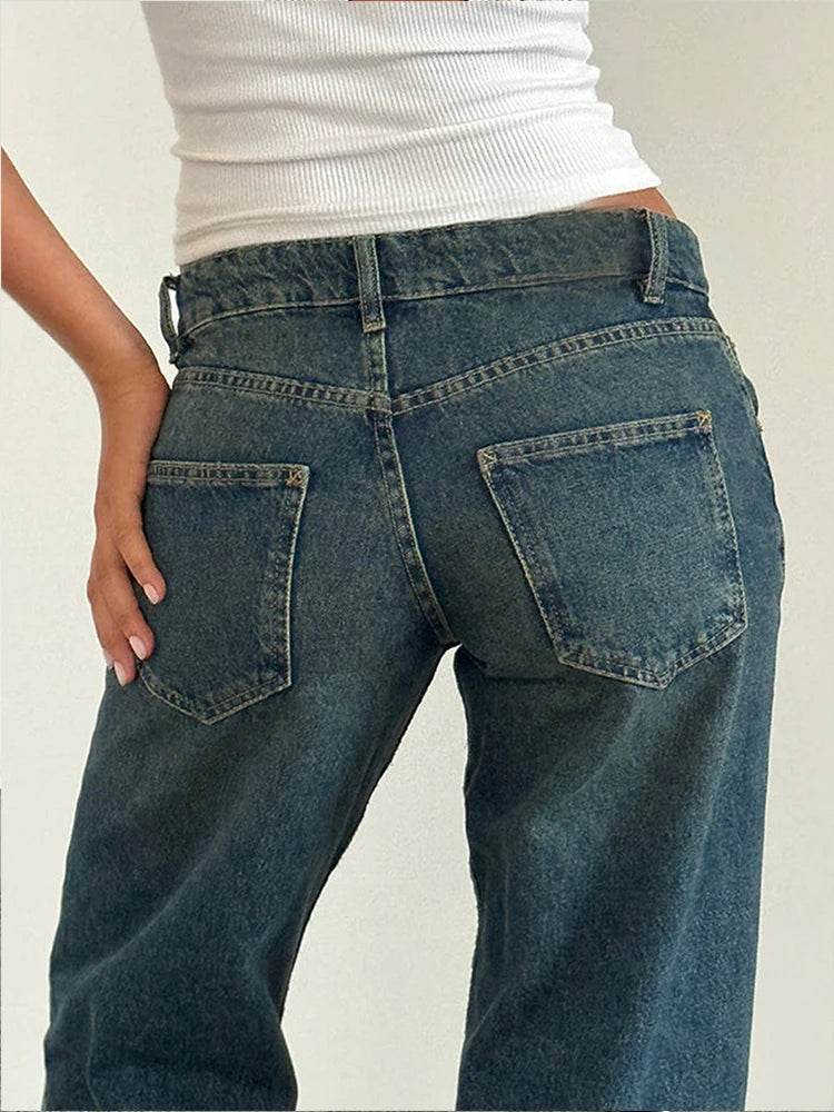 Women Vintage Aesthetic Y2k Low Rise Baggy Jeans Loose Fit Boyfriend Straight Wide Leg Jeans Trendy Stretch Long Denim Pants - AIAZ