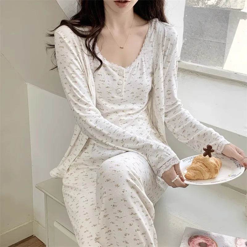 Three-Piece Pajama Set for Women Floral Lace Sweet Cardigan Camisole Homewear Long Sleeves Long Pants Fancy Underwear Ladies - AIAZ