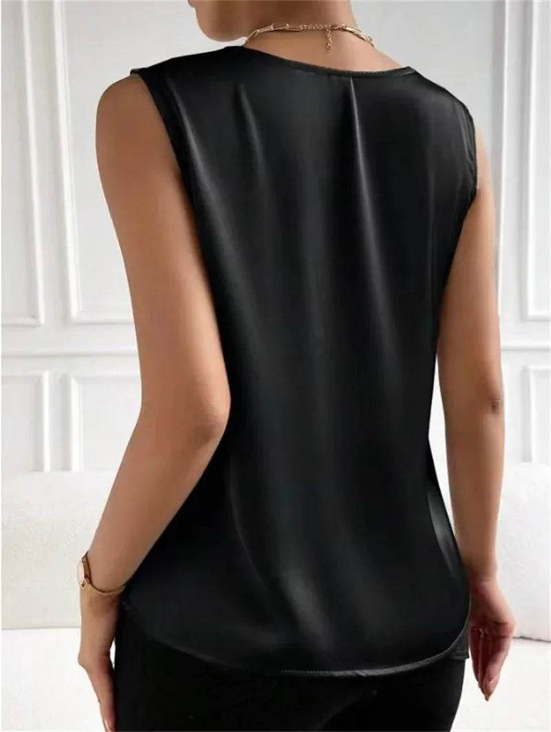 Women's vest elegant temperament V-neck vest summer vacation simple solid color fashion all-matching sleeveless top - AIAZ