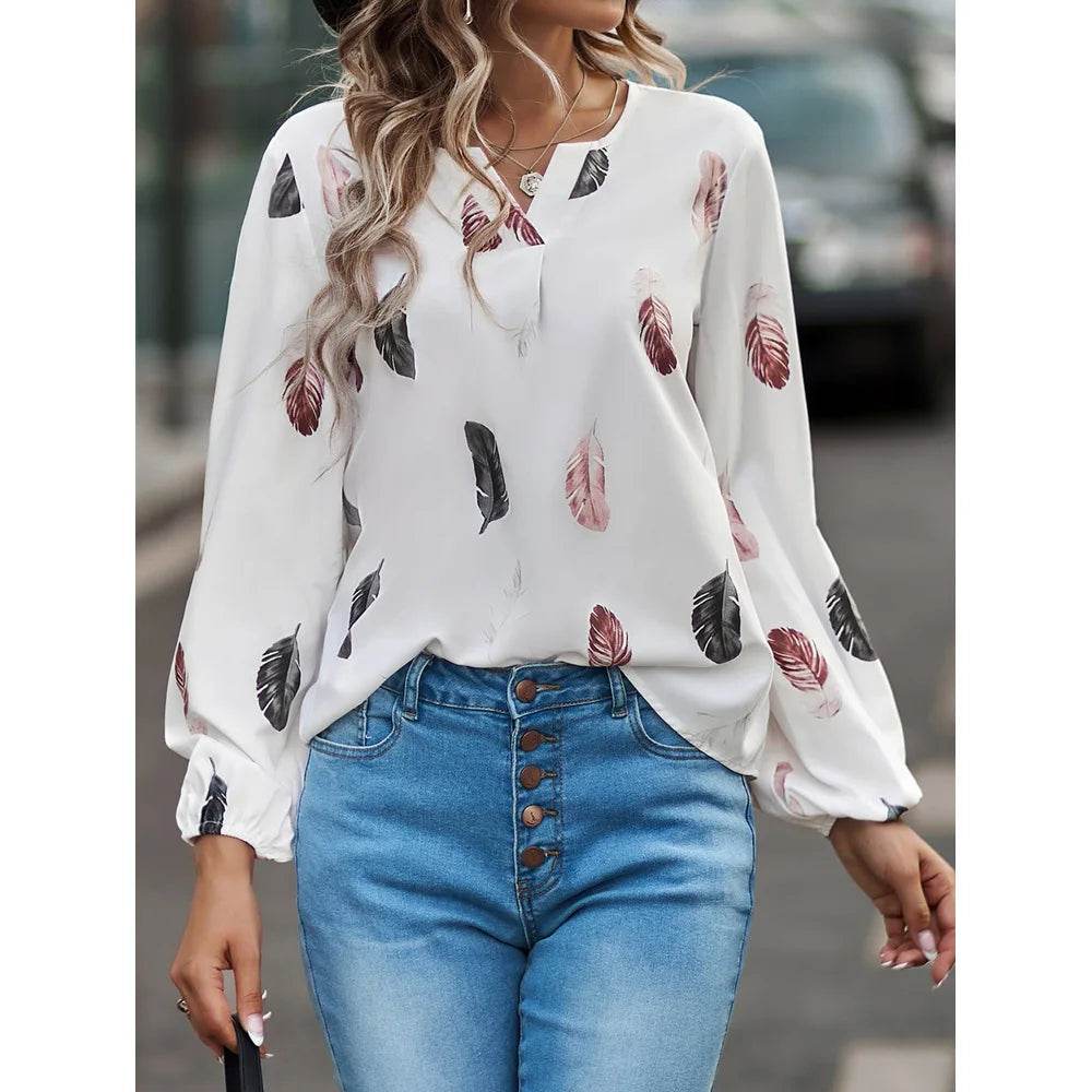Fashion Woman Blouse Shirts For Women Stylish Top long Sleeve Feather Pattern Female Tops Elegant Chiffon Mujer Woman Clothes - AIAZ