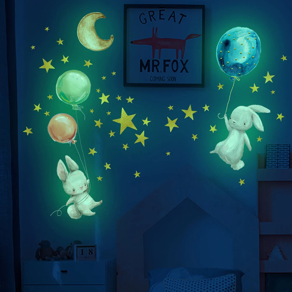 Cartoon Bunny Balloon Luminous Wall Stickers Glow In The Dark Wallpaper For Kids Room Living Room Nursery Home Decoration Decals