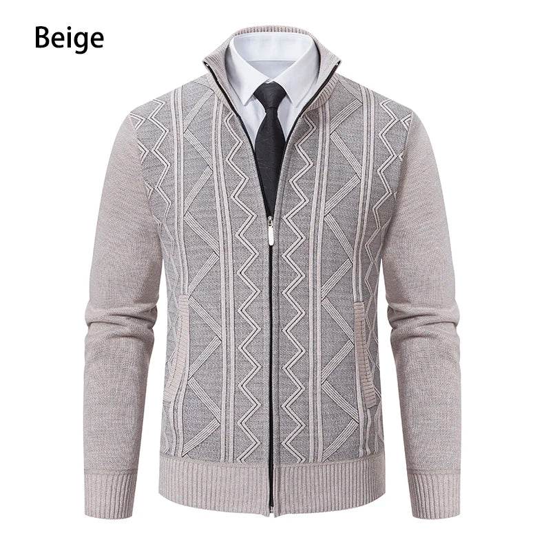 Thickened jacket men's autumn and winter warm trend line stand collar knitted cardigan sweater coat - AIAZ