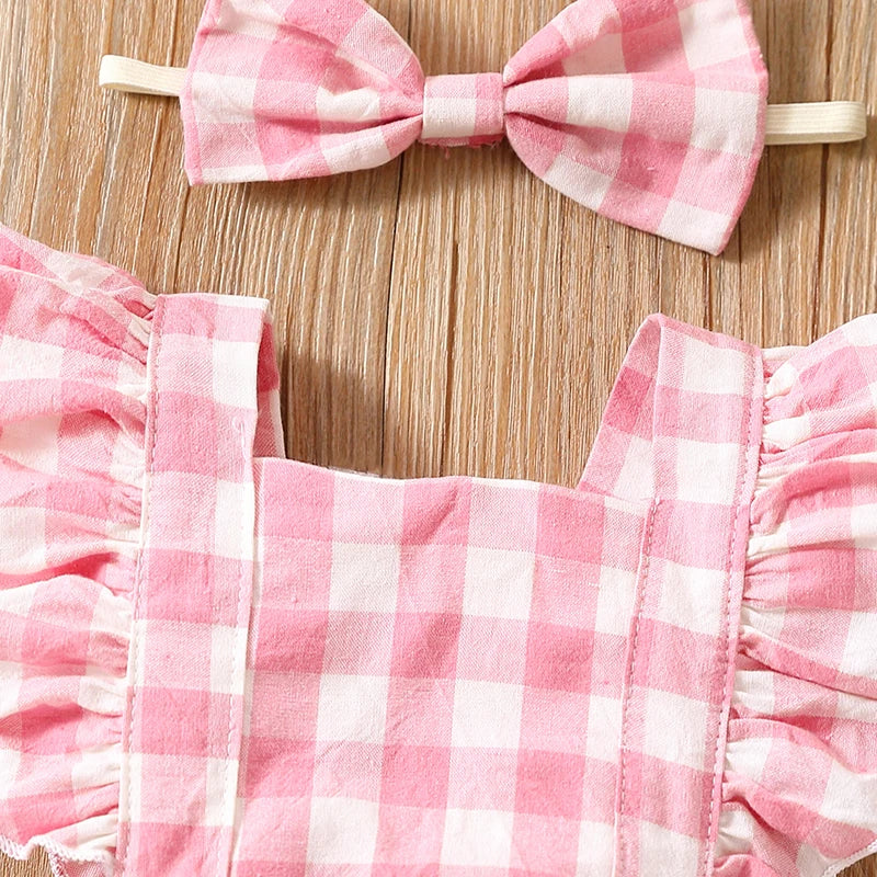Newborn Baby Girl Bubble Cotton Plaid Flying Sleeve Climbing Suit With Buttocks+Headwear