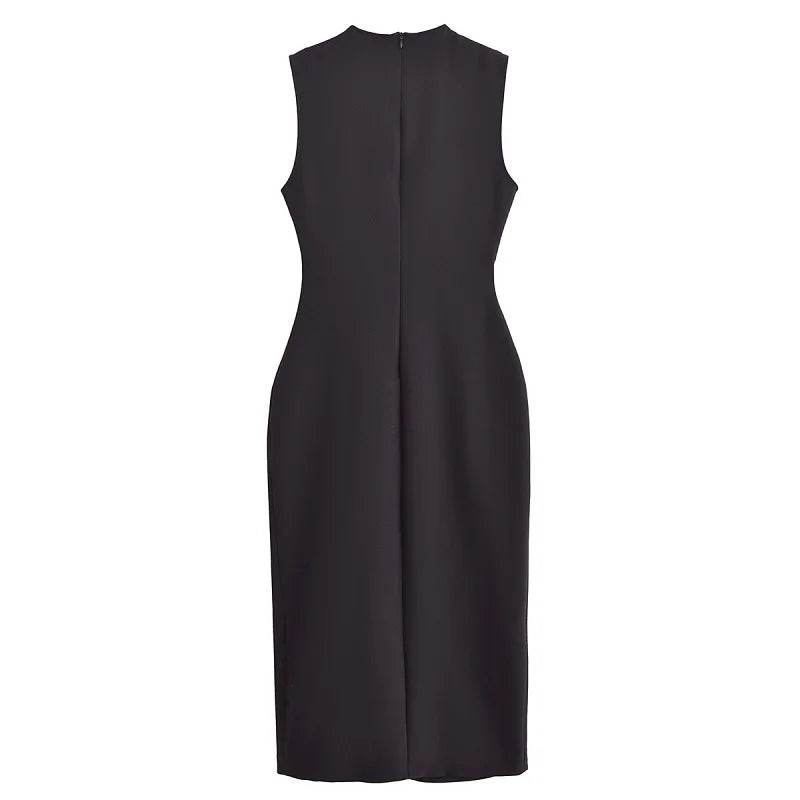MUJER 2025 Womens Dresses Black Office Long Dresses for Women Spring Sleeveless Midi Dress Woman Belt Button Women's Dress Vest - AIAZ