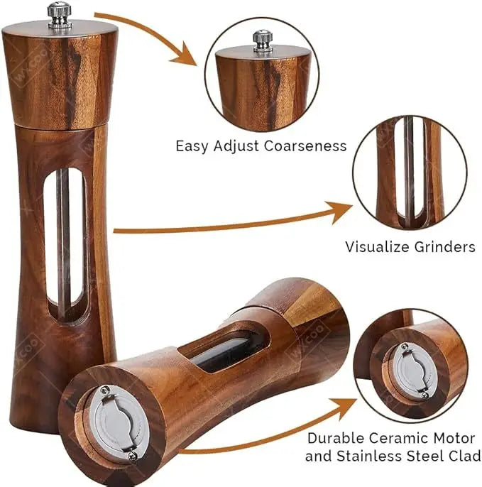 Wood Pepper Grinder Shaker Adjustable Ceramic Core Grinding Bottle with Base Wood Salt Pepper Mills for Kitchen Cooking BBQ