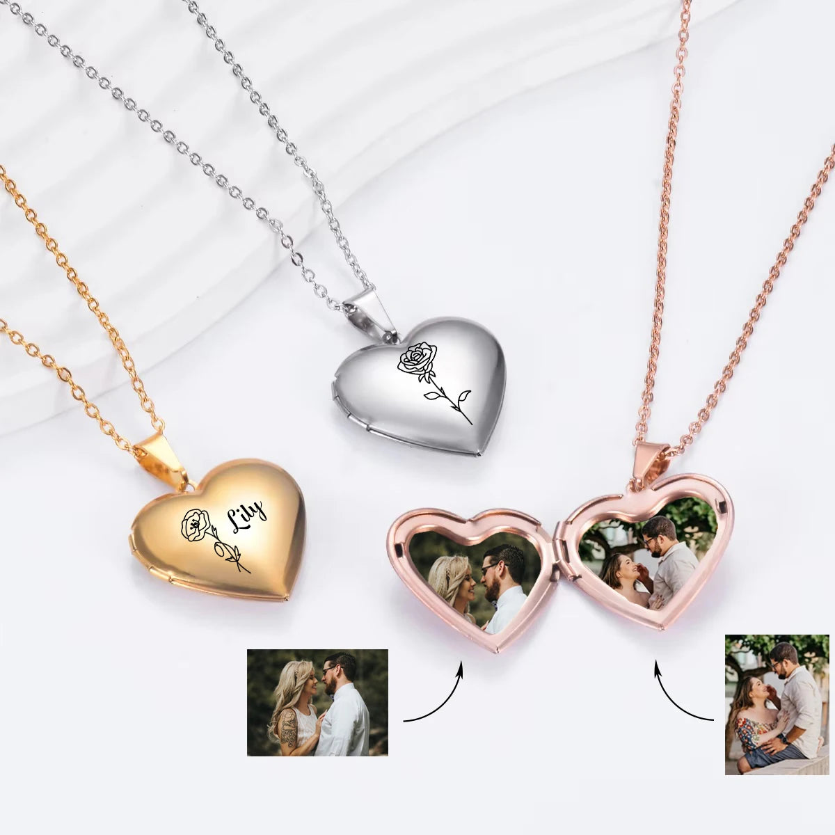 Custom Personalized Heart Birth Flower Locket Necklace for Women Stainless Steel Photo Locket Engraved Name Picture Jewelry Gift