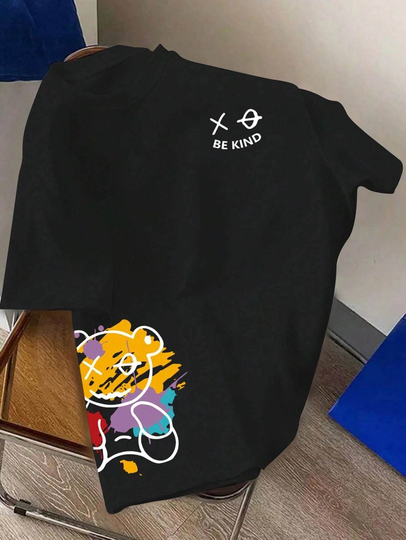Men's 100% pure cotton summer loose size BE KIND letter cartoon print casual comfortable round neck short sleeved T-shirt top - AIAZ