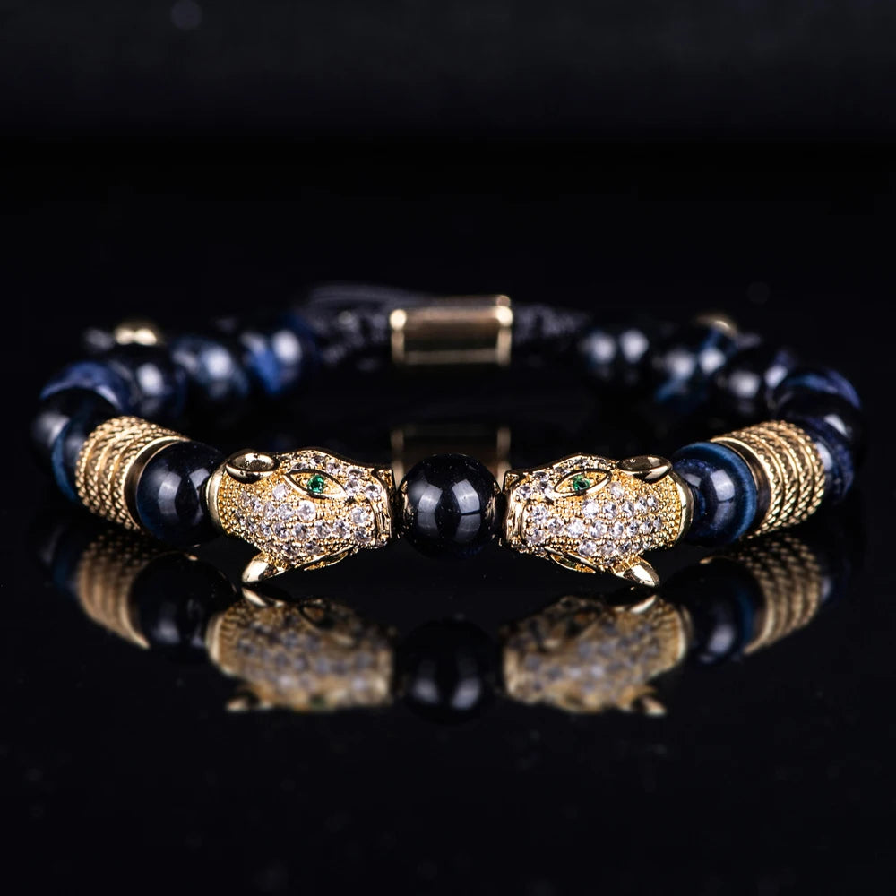 New Trend Double Leopard head Handmade tiger's-eye Bracelets  Accessories Handmade Men's Jewelry Pulseras homme