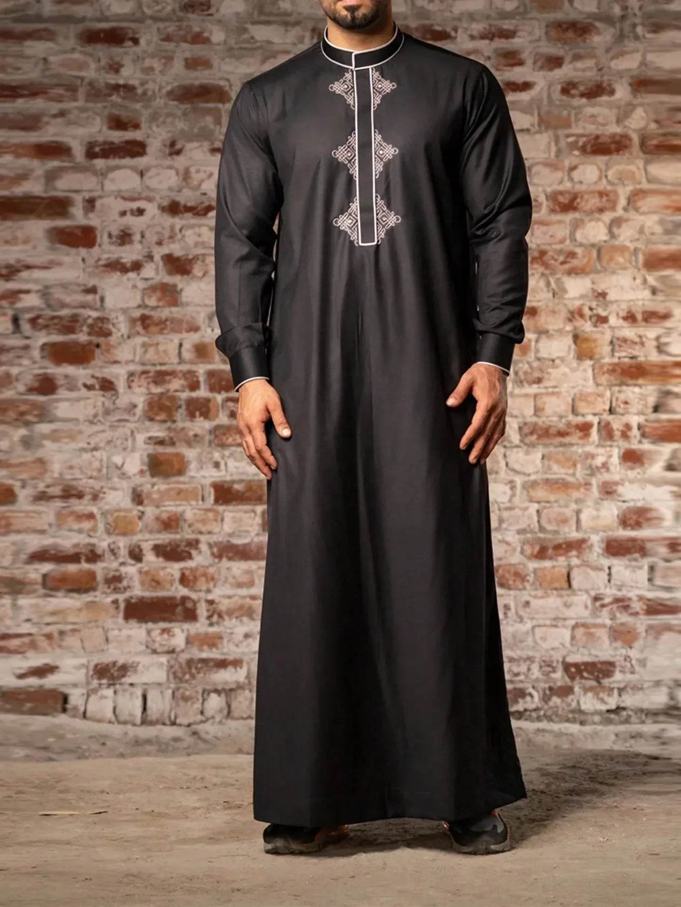 Muslim men's robe long-sleeved ethnic style embroidered stand collar Arabic clothing men's Islamic casual robe - AIAZ