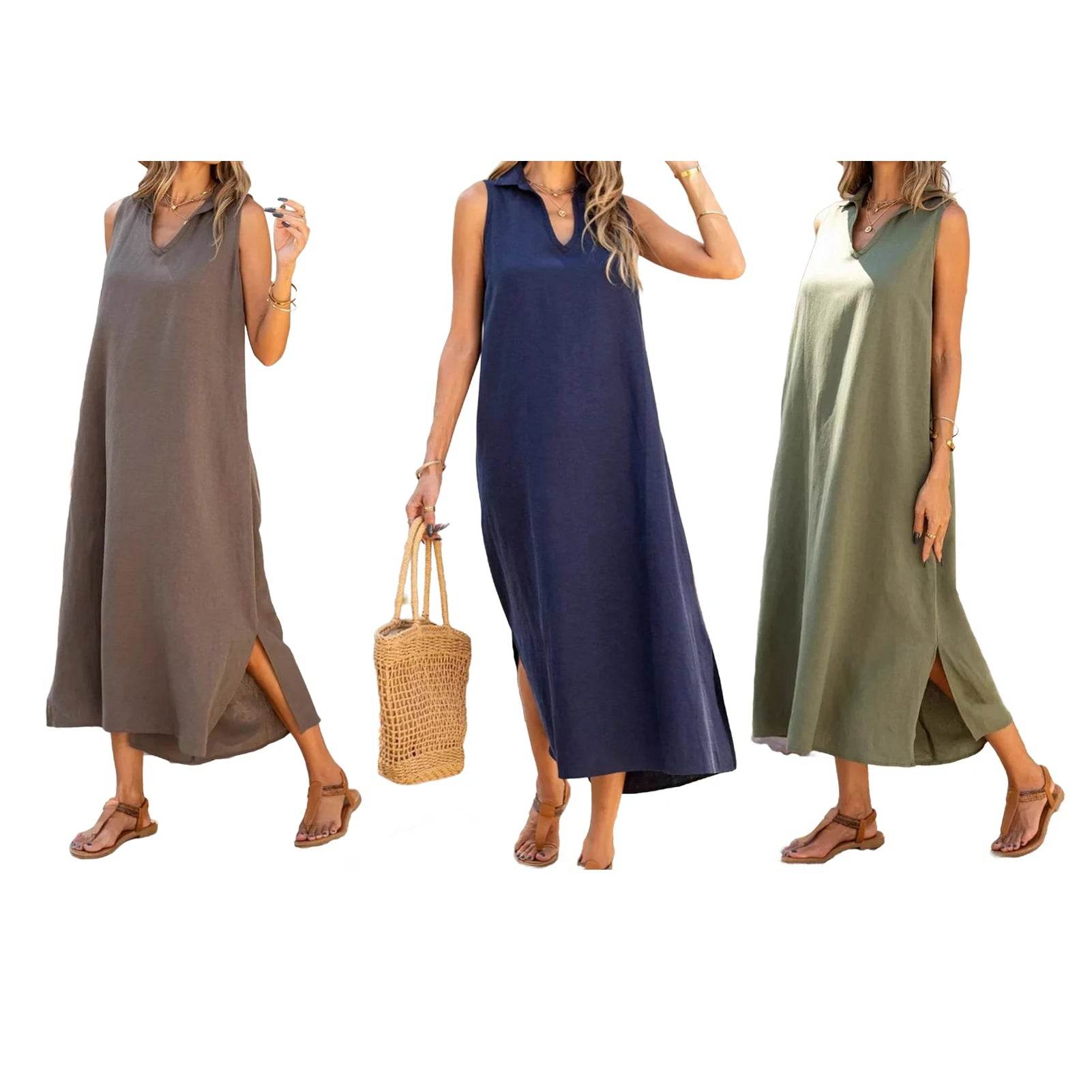 Dresses Woman Party Night V Neck Solid Color Tank Dress Cotton Linen Casual Loose Sundress Plain Long Dresses Vestidos Largos - AIAZ