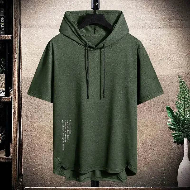 2025 Men's Summer Hoodies T-shirts Short Sleeve Solid Color Loose Hooded Drawstring Pullover Tops Basic Tees for Daily Wear Male - AIAZ