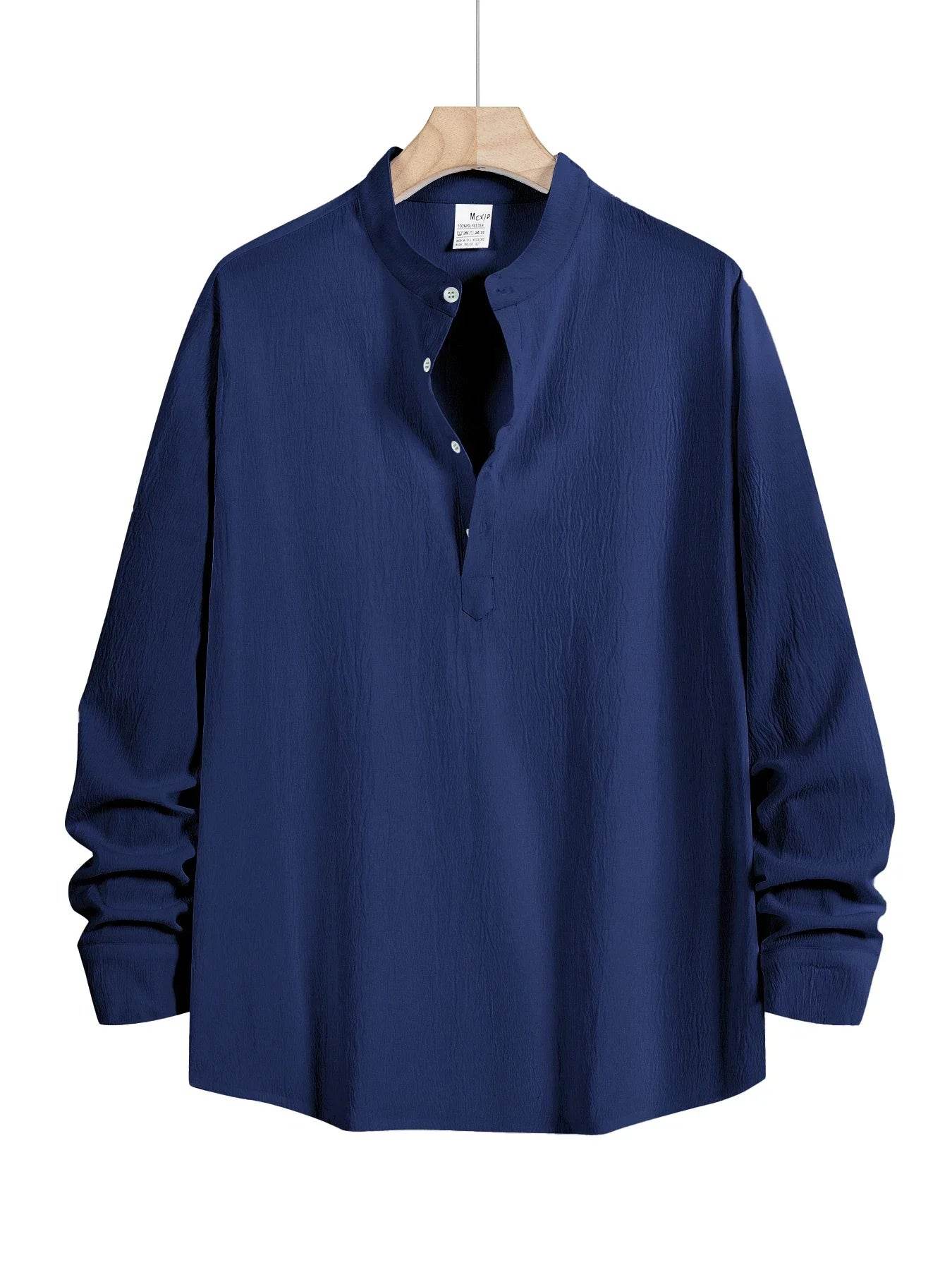 Men's Linen Shirt Summer 2025 Casual Short Sleeve Breathable Stand Collar Loose Fit Trendy Solid Color Youth Top with Pocket - AIAZ