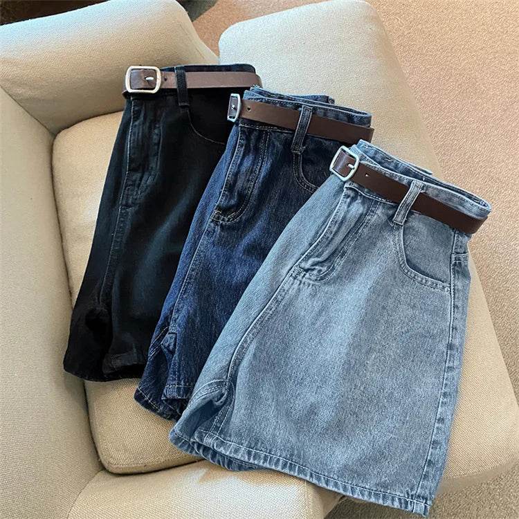 Denim shorts women's summer new trendy Instagram high waist simple slimming loose wide leg versatile A-line hot pants - AIAZ