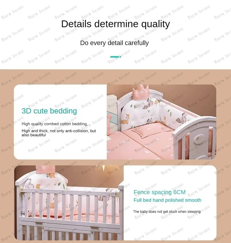 Solid wood spliced crib Multifunctional European style children's bed Movable newborn cradle large bed Baby Rest Chair