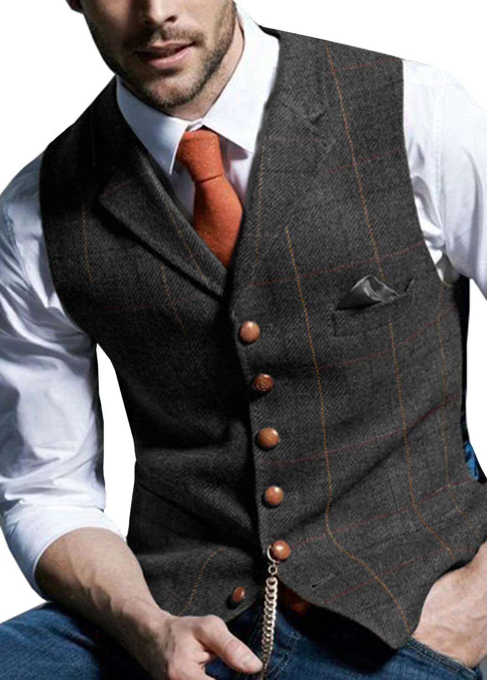 Men's Vests Tweed Suit Business Clothing for Men Striped Waistcoat Punk Vest Groomman Wedding Brwon Black Grey Jacket Bleazer - AIAZ