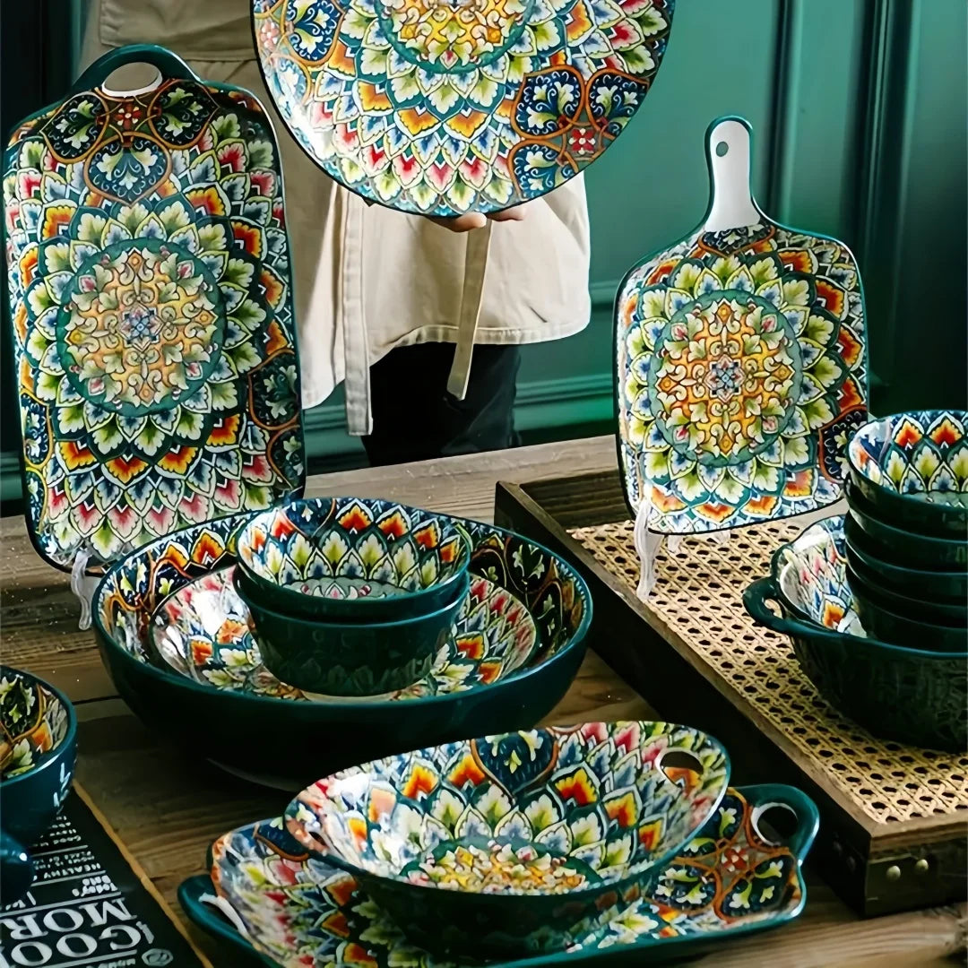 Bohemian ceramic plate 7-piece set cross-border high-value plate household new dessert plate underglazed plate spaghetti bowl