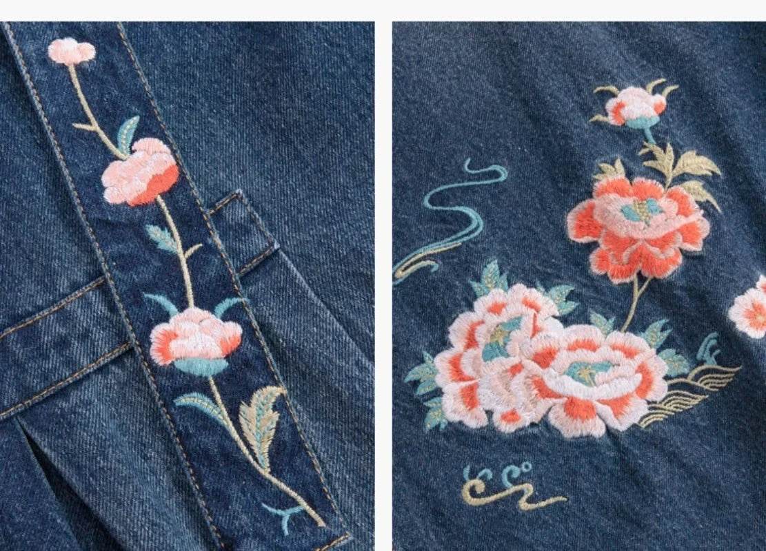 Embroidered Denim Dress For Women Spring Summer 2025 New Retro Versatile Waist Closure Long Denim Strap Dress Mujer Vestidos - AIAZ