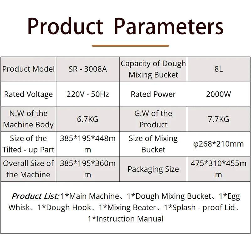 SUNATUR 2000W electric kitchen blender 8L stand mixer machine Egg Beating cream All-in-One Mixer Household Auto Dough Kneading - AIAZ