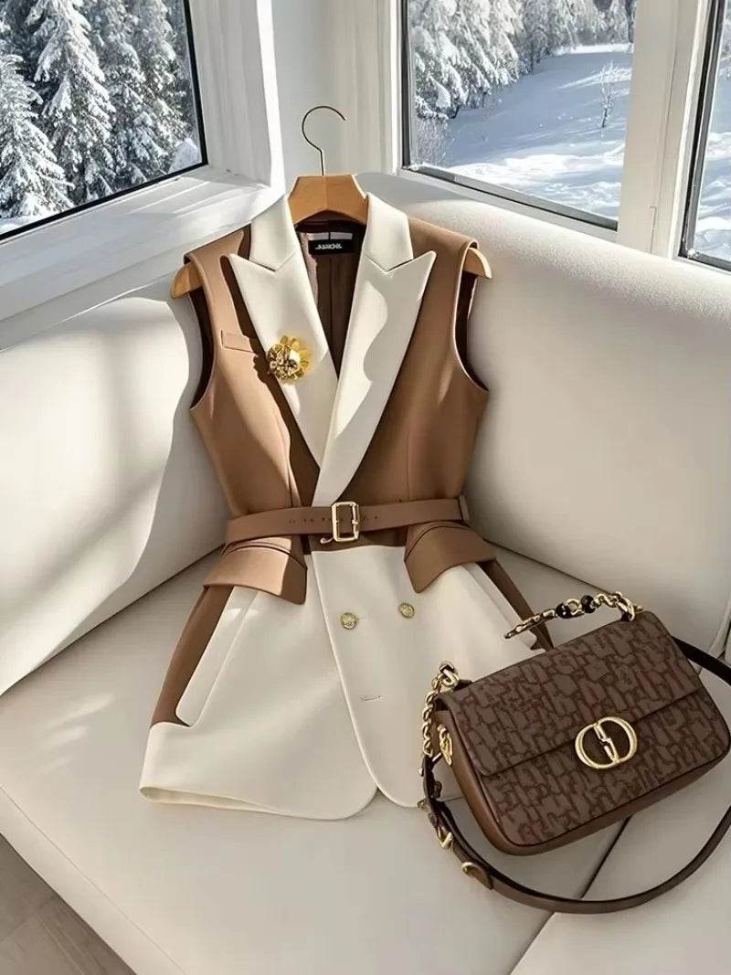 Large Size Summer White Jacket Vest Luxury Big Turndown Collar Point Collar Color Contrast Retro Waistcoat Elegant Office Ladies - AIAZ
