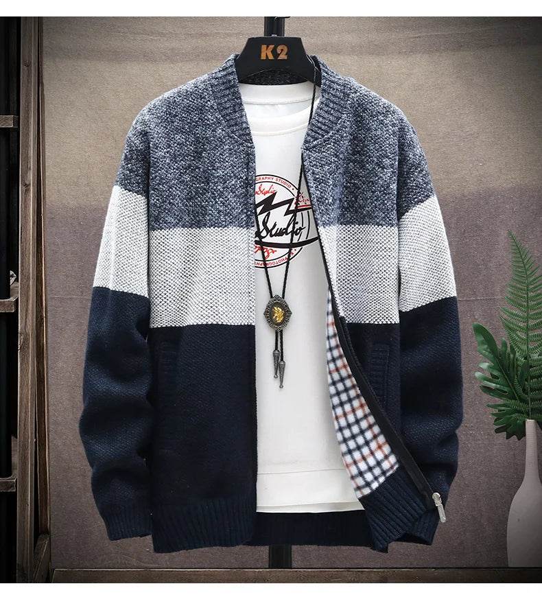 Autumn Winter Cardigan Sweater Men Fleece Zipper Sweaters Velvet Contrast Striped Sweater Coats Casual Jackets - AIAZ