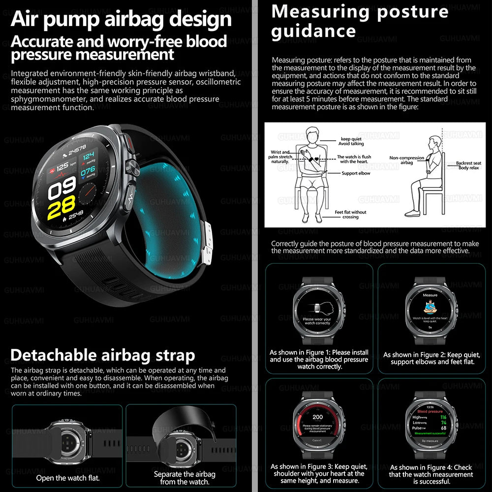 2025 New Health Nursing Accurate Measure Blood pressure Smart Watch With Air pump airbag Blood lipids Uric acid Smartwatch Men
