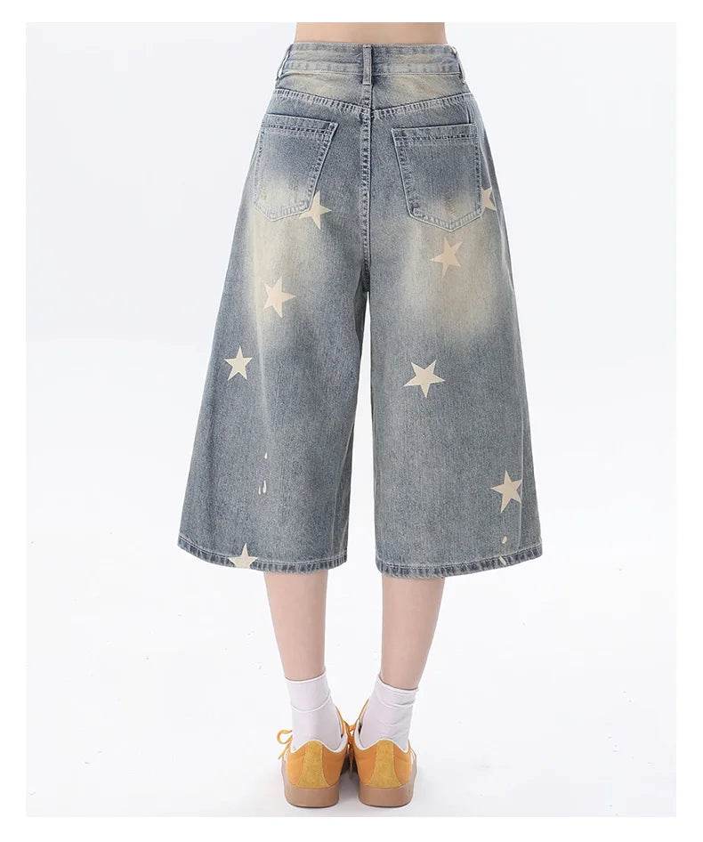 Street Y2K Vintage Washed Cat Whiskered Style embroidered Bermuda Jeans Knee Length Denim Jorts Casual Shorts Cropped Trousers - AIAZ