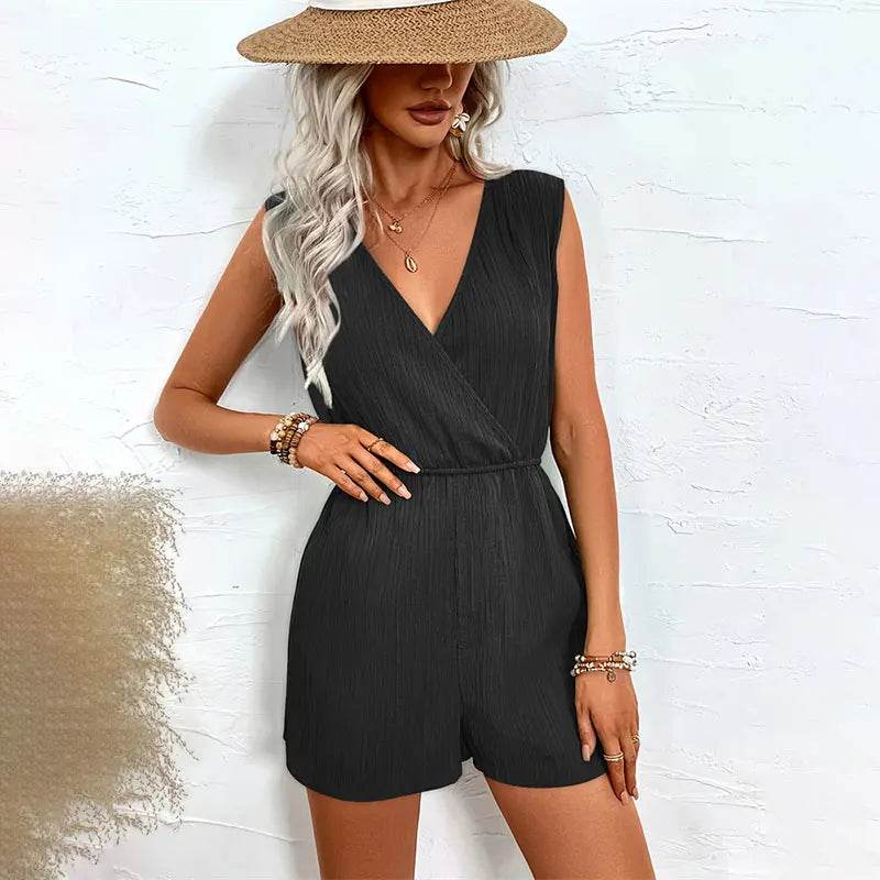 Jump Suit Women's Casual V-neck Monochromatic Jumpsuit Five-Point Shorts European and American Summer New Overalls Playsuits - AIAZ