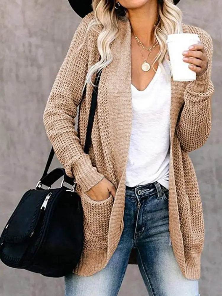 Fashion cardigan autumn and winter knit sweater women's new curved front loose casual women's wear - AIAZ