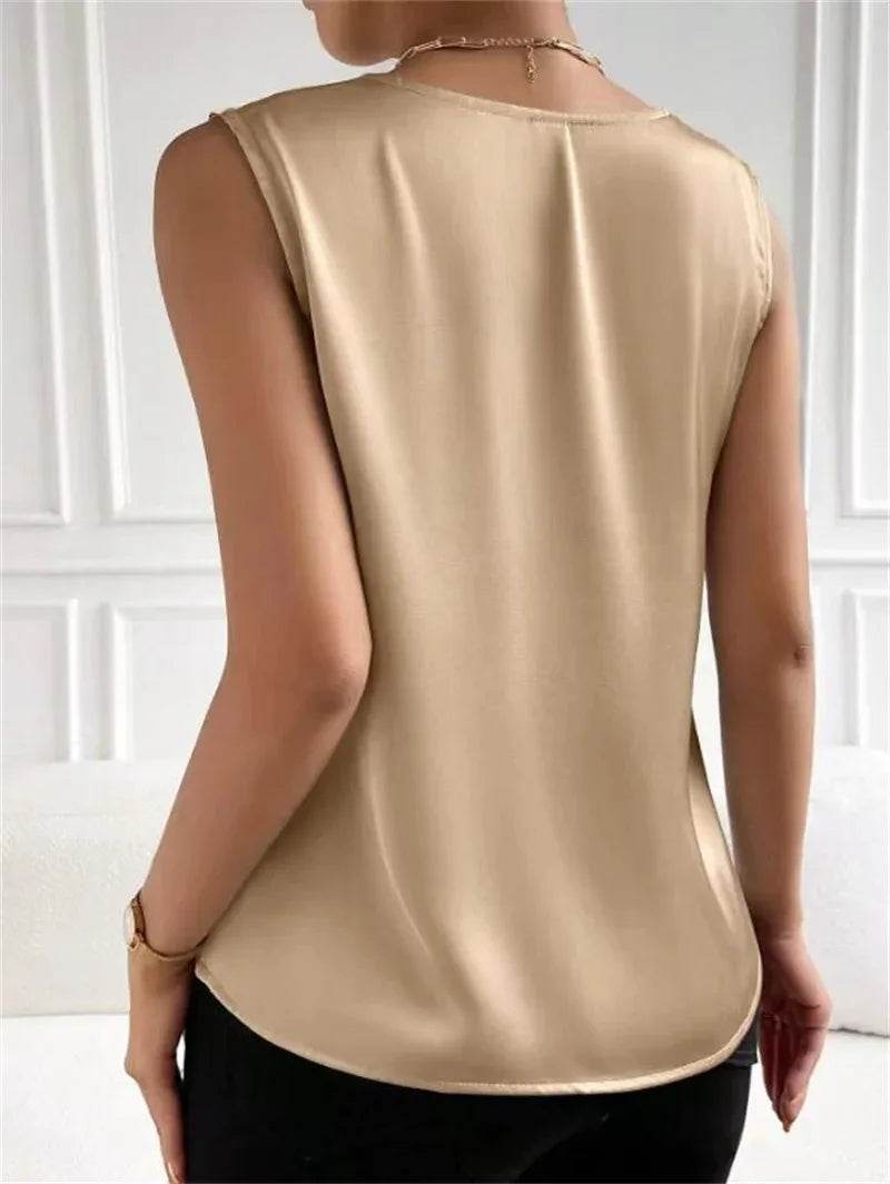 Women's vest elegant temperament V-neck vest summer vacation simple solid color fashion all-matching sleeveless top - AIAZ