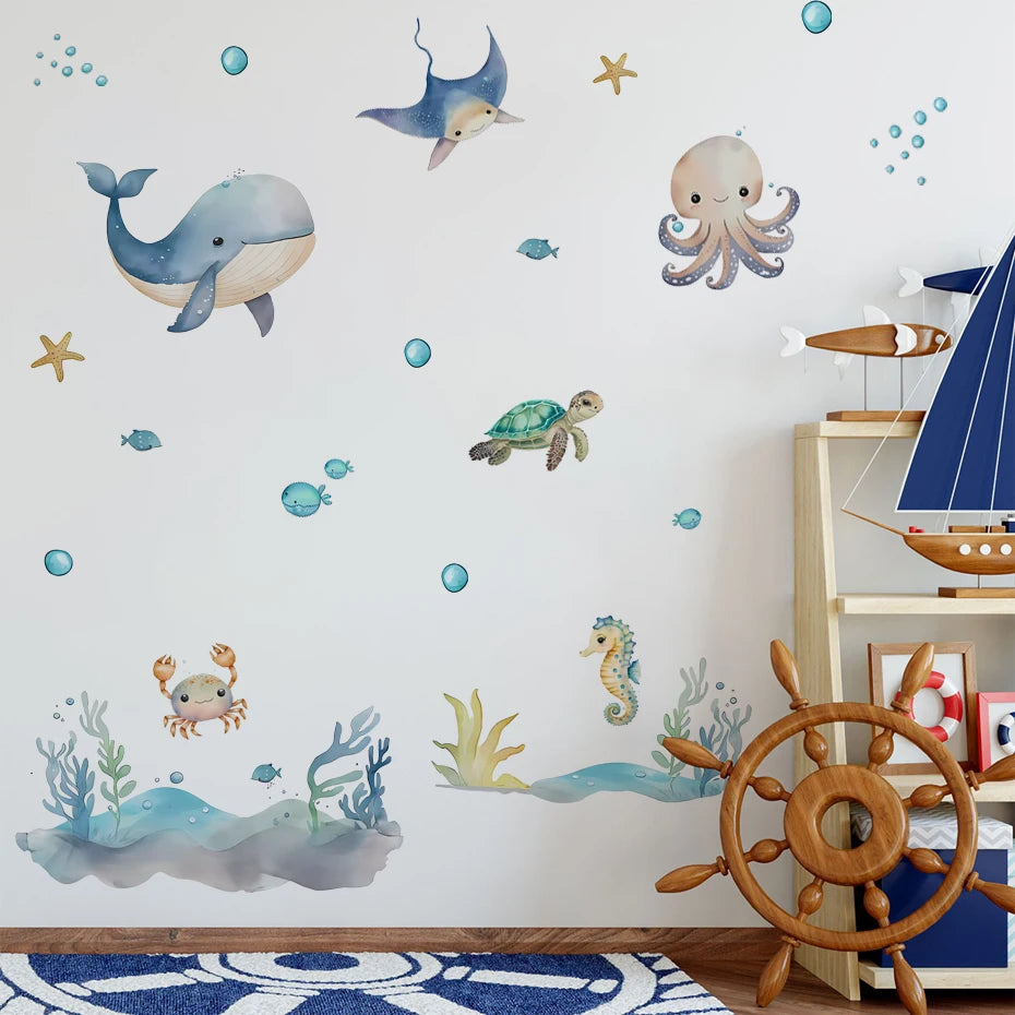 Watercolor Cartoon Ocean Fish Animal Wall Sticker Living Room Bedroom Sea Life Beach Landscape Wall Decal Home Decor