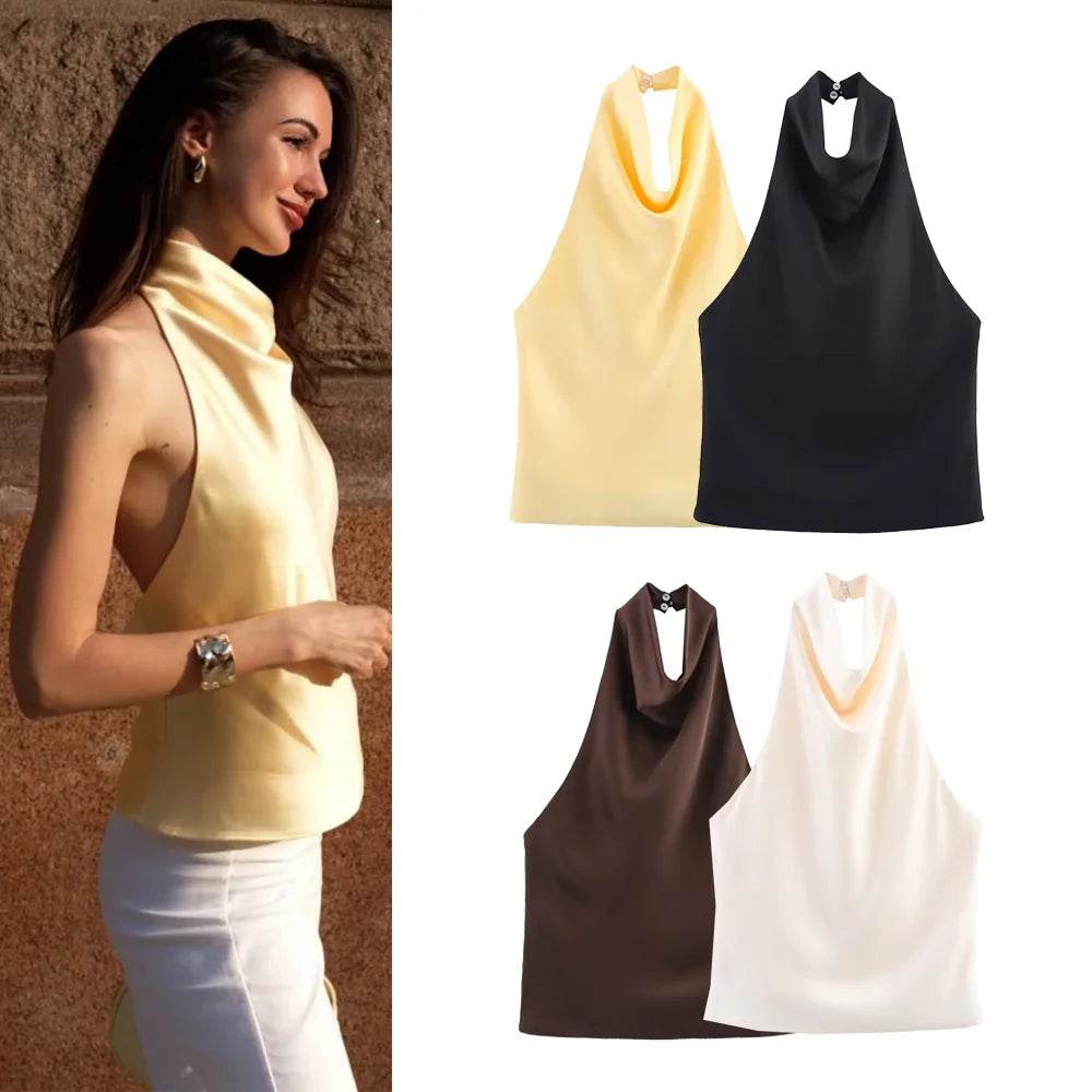 Women Stain Tops Sexy Summer Backless Slim Camisole Boat Neck Ties Side Zipper Female Chic Elastic Tops - AIAZ