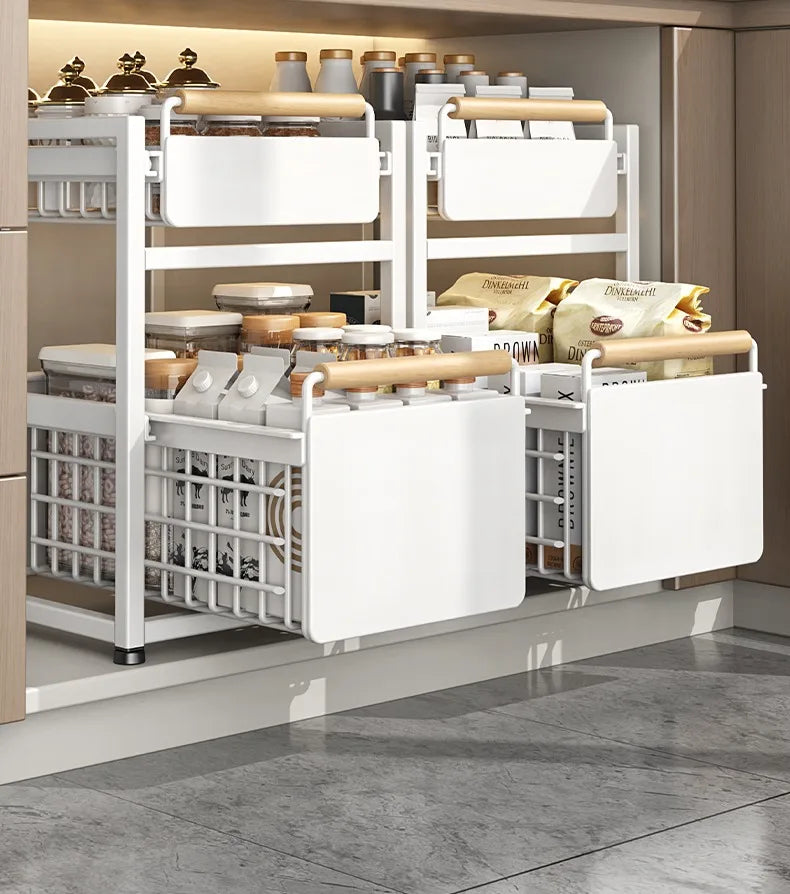 Under Sink Storage Rack Pull out Cabinet Organizer Kitchen Sliding Drawer Storage Basket Handle Bowl Plate Rack Holder Shelves