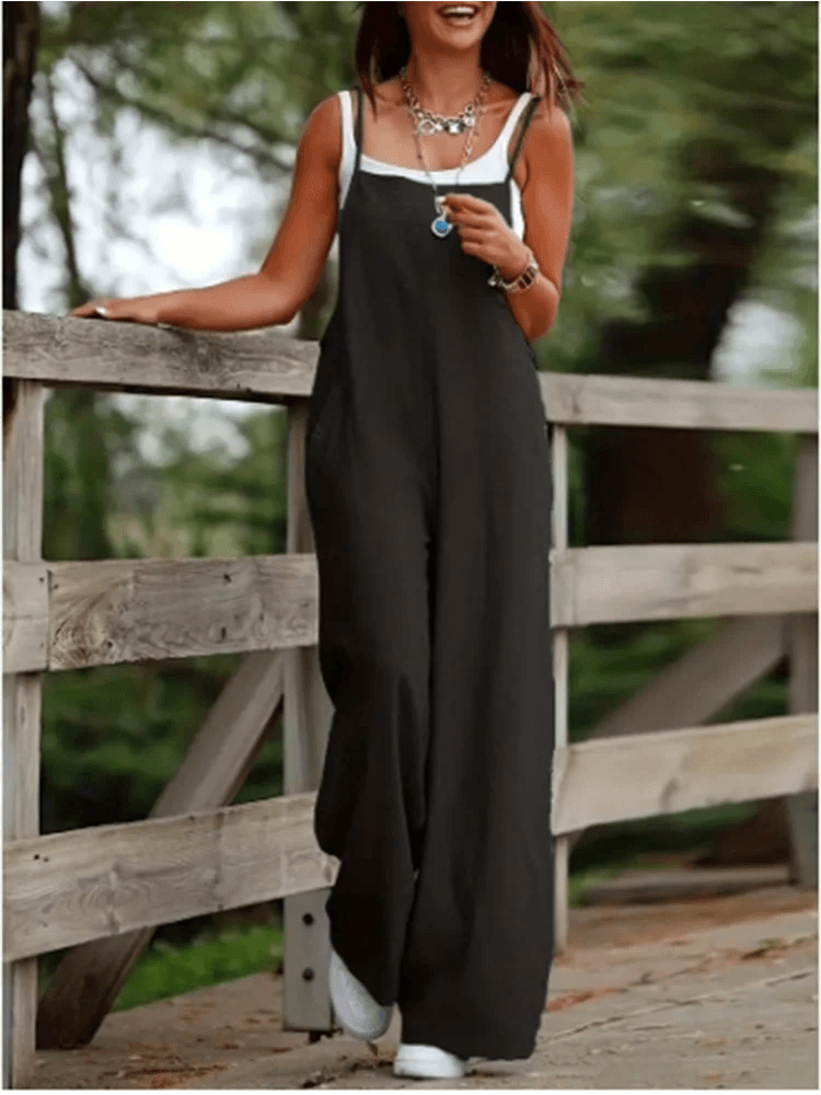 Women's Sleeveless Jumpsuit with Suspender Loose Casual Pocket Monochromatic Summer - AIAZ