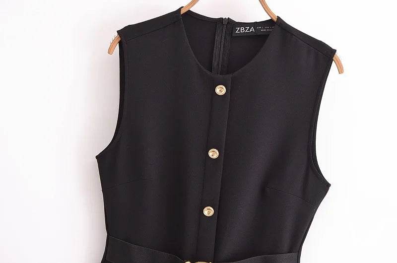 MUJER 2025 Womens Dresses Black Office Long Dresses for Women Spring Sleeveless Midi Dress Woman Belt Button Women's Dress Vest - AIAZ