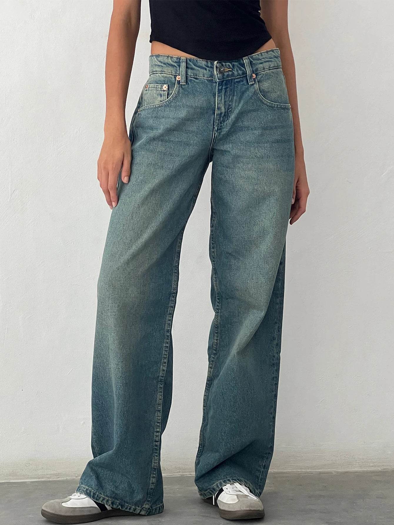 Women Vintage Aesthetic Y2k Low Rise Baggy Jeans Loose Fit Boyfriend Straight Wide Leg Jeans Trendy Stretch Long Denim Pants - AIAZ