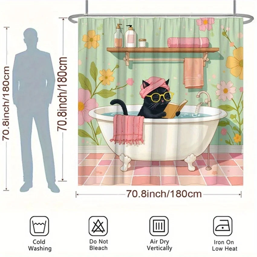 Adorable Cat in Bathtub Shower Curtain - Water-Resistant Fabric for Bathroom - Ideal for Whimsical and Pet Lovers