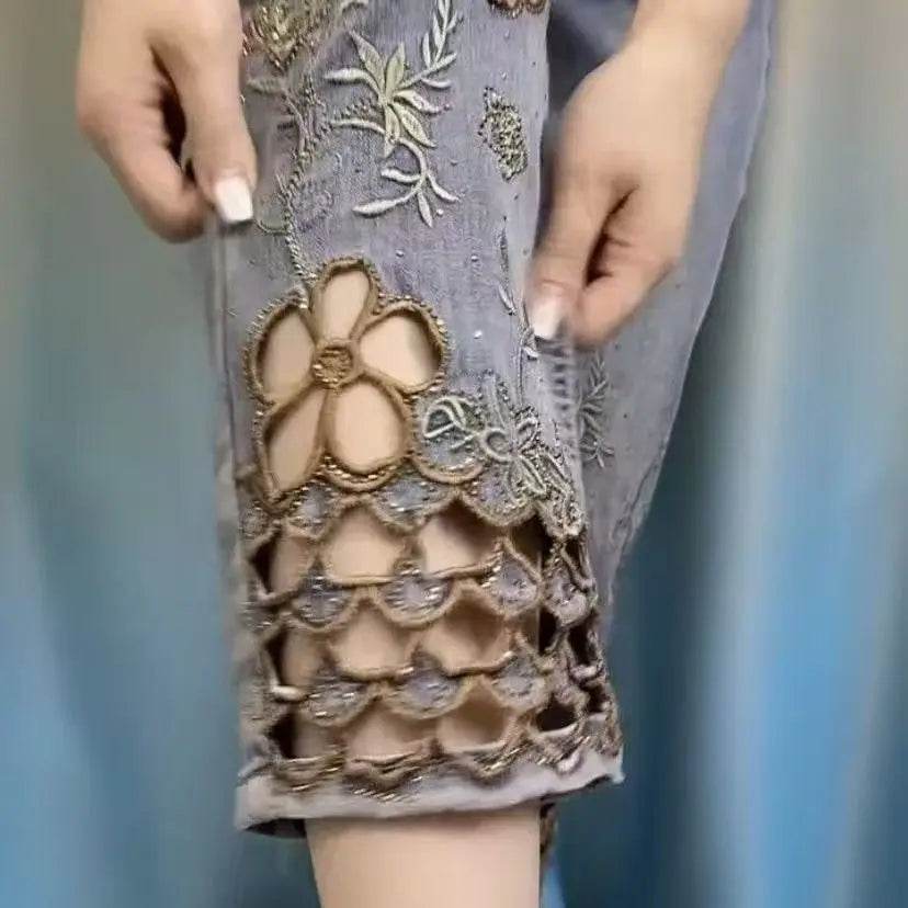 women High end hollowed out embroidered denim eight cigarette tube pants 2025 new summer thin high waist stylish denim tube pant - AIAZ