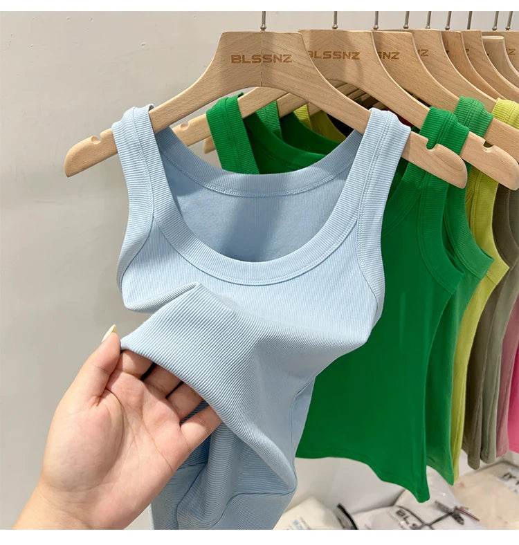 Women Solid Round Neck Ribbed Tank Top Camisole Women 2025 Summer Basic Elastic Tank Top O Neck Solid Tank Top - AIAZ