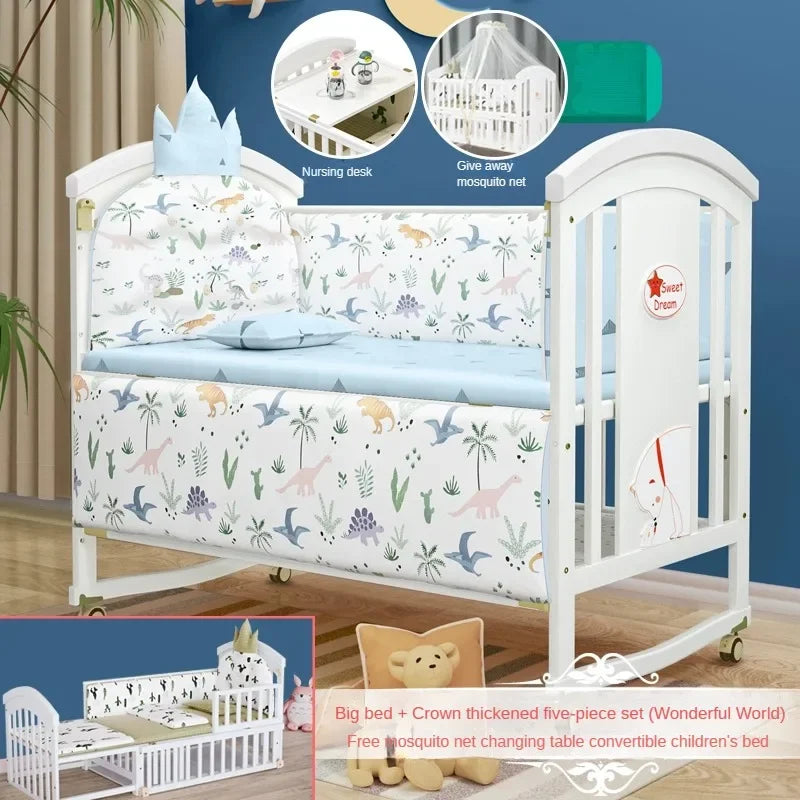 Solid wood spliced crib Multifunctional European style children's bed Movable newborn cradle large bed Baby Rest Chair