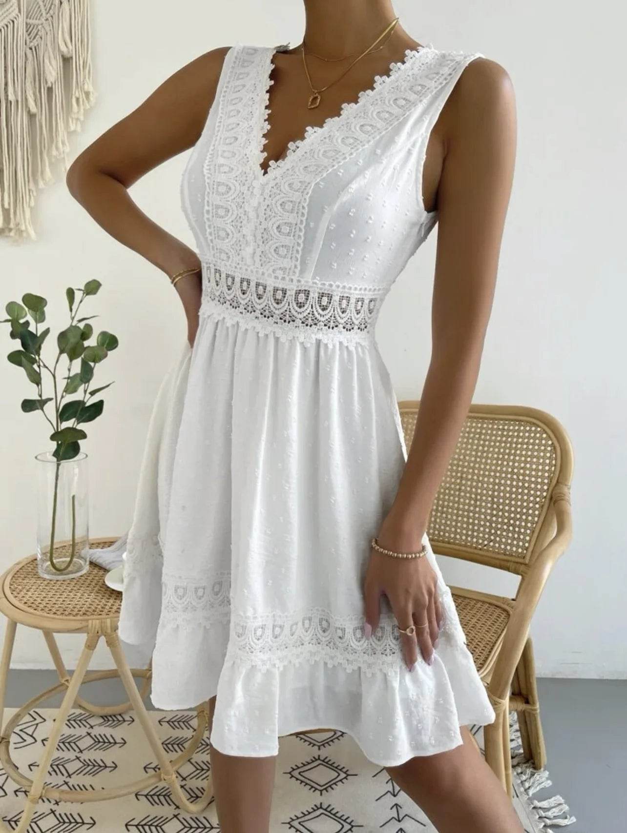 Women's White Party Dress Fashion Lace V-neck Ruffle Hook Flower Hollow Waist Mini Women Dresses Summer Sexy Prom Female Vestido - AIAZ