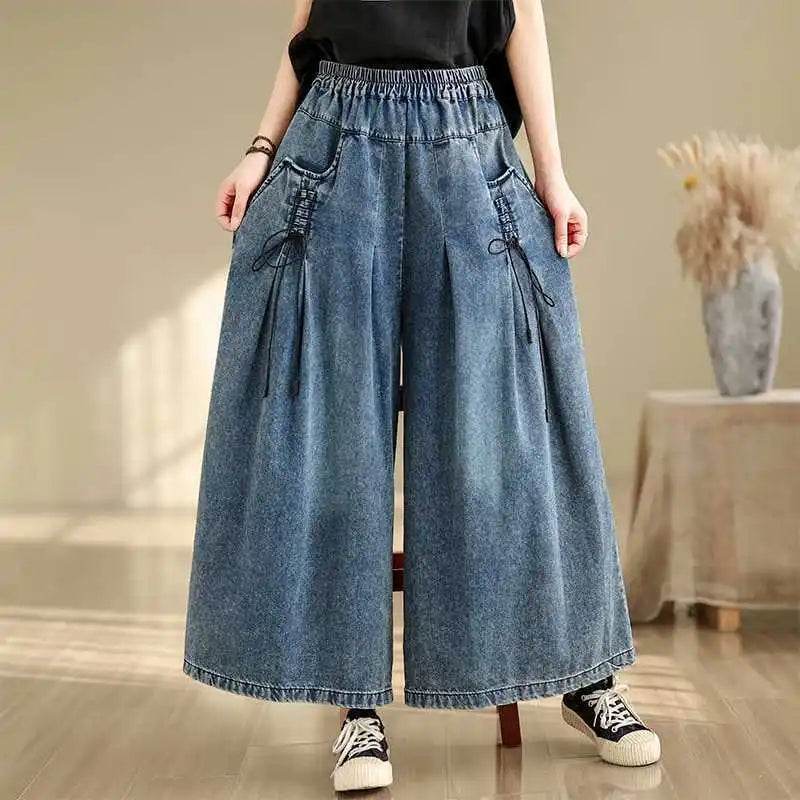 Denim Pant Women Jeans Wide Leg Long Pants A Line High Waist Straight Trousers Y2k Streetwear Casual Loose Mom Summer Club - AIAZ