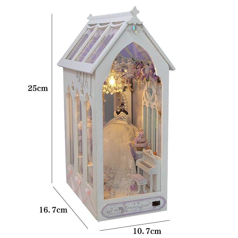 DIY Book Nook Shelf Insert Kit 3D Wooden Puzzle Doll House Assembly Building Model Bookends With Furniture LED Light Xmas Gifts - AIAZ