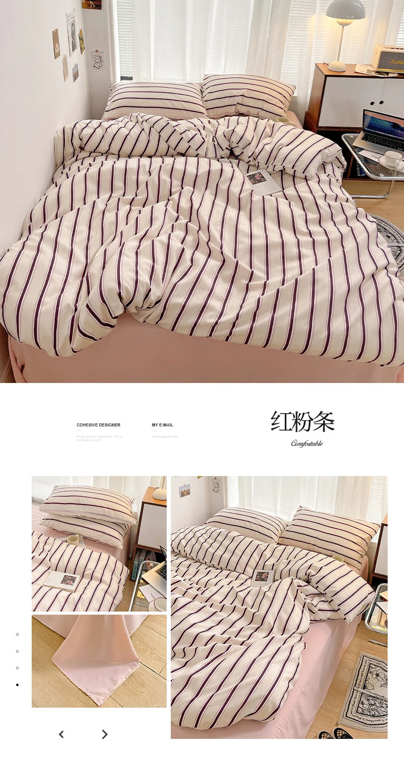 INS Stripe Series Printed Soft Bedding Set Duvet Cover Bedclothes Bedspread Pillowcases Flat Sheets Comforter Sets for Girls