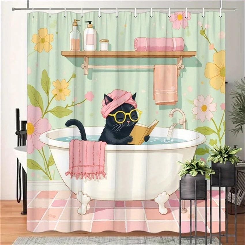 Adorable Cat in Bathtub Shower Curtain - Water-Resistant Fabric for Bathroom - Ideal for Whimsical and Pet Lovers