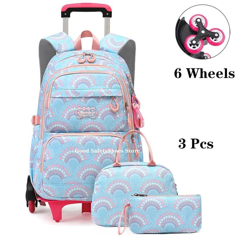 Rolling School Bags for Girls Backpack Children Waterproof School Backpacks with Wheels Middle School Trolley Luggage Back Pack - AIAZ