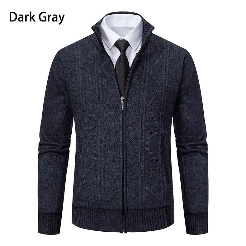 Thickened jacket men's autumn and winter warm trend line stand collar knitted cardigan sweater coat - AIAZ