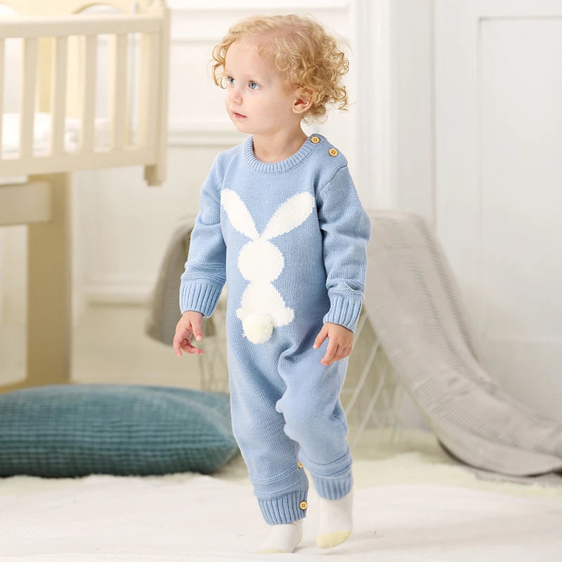 Cute Rabbit Knitted Baby Rompers Clothes Spring Autumn Crew Neck Long Sleeves Newborn Boys Girls Easter Jumpsuits Outfits 0-18m